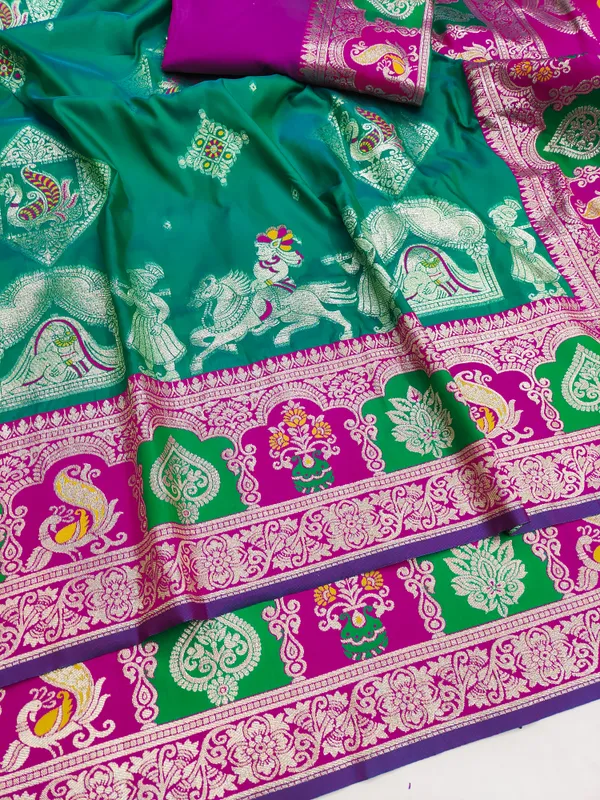 Green_And_Rani_Banarasi_Silk_Saree_And_Unstitched_Blouse_For_Women