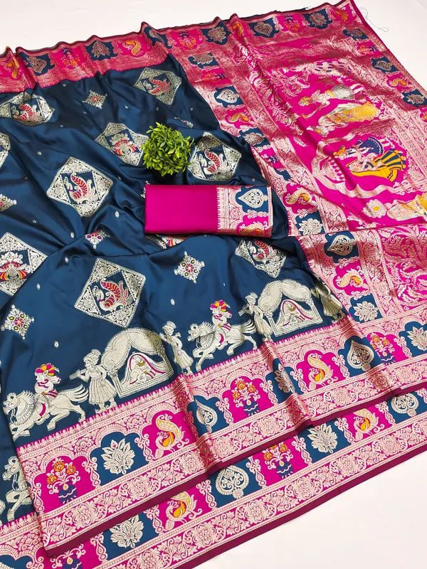 Petrol_And_Rani_Banarasi_Silk_Saree_And_Unstitched_Blouse_For_Women