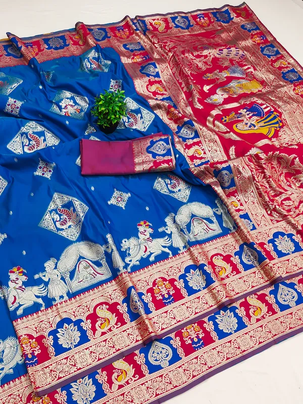 Royal_Blue_And_Rani_Banarasi_Silk_Saree_And_Unstitched_Blouse_For_Women