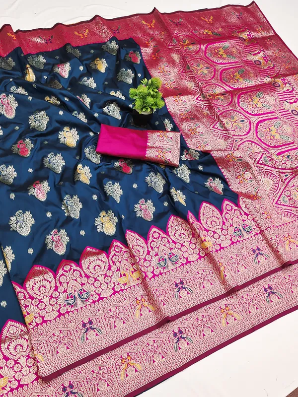 Petrol_And_Rani_Banarasi_Silk_Saree_And_Unstitched_Blouse_For_Women
