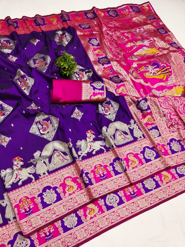 Purple_And_Rani_Banarasi_Silk_Saree_And_Unstitched_Blouse_For_Women