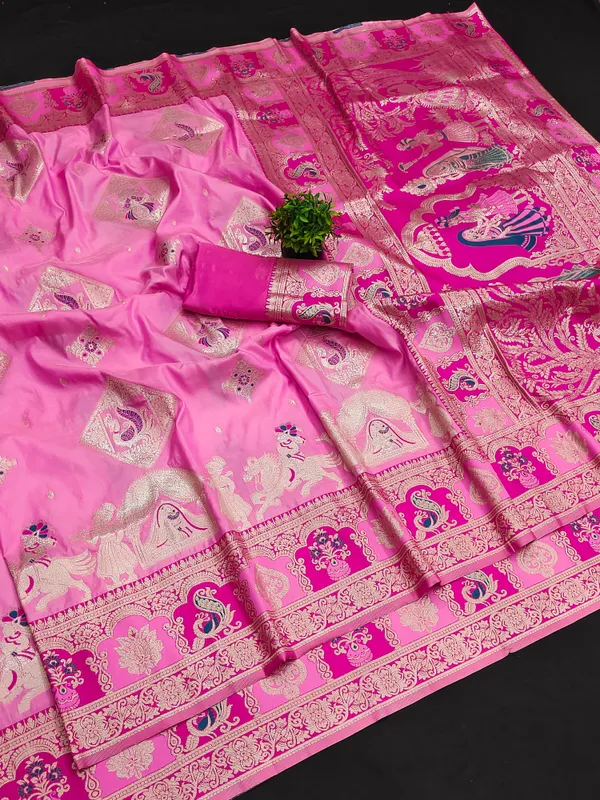 Deep_Pink_And_Pink_Banarasi_Silk_Saree_And_Unstitched_Blouse_For_Women