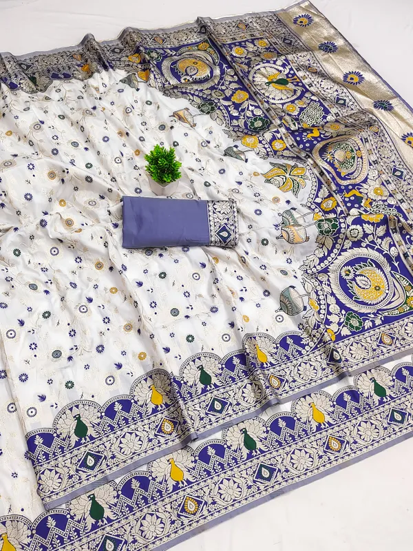 Navy_Blue_Banarasi_Silk_Saree_And_Unstitched_Blouse_For_Women