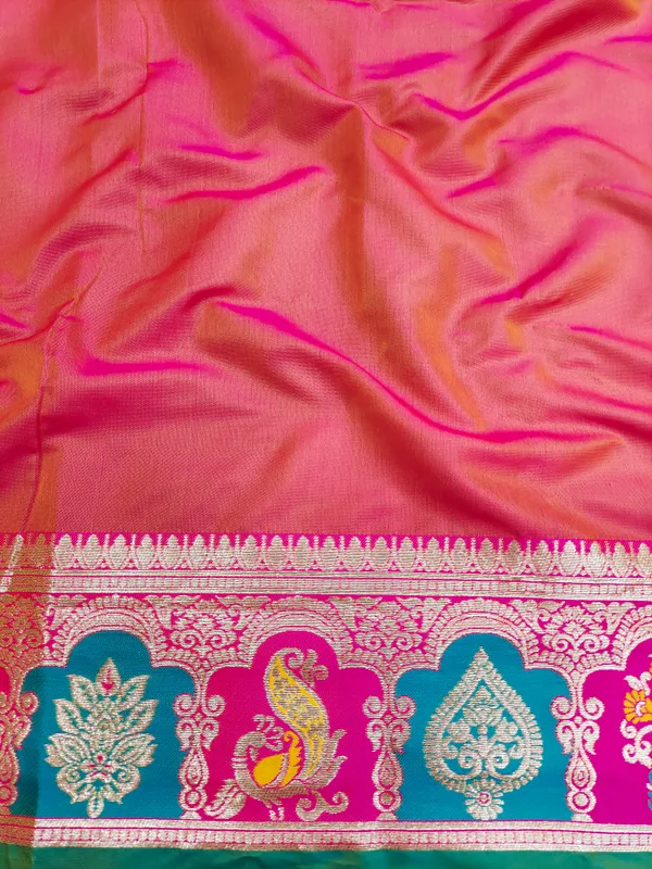 Firozi_Gold_And_Rani_Banarasi_Silk_Saree_And_Unstitched_Blouse_For_Women