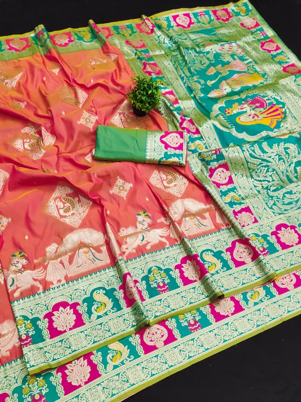 Rani_And_Green_Banarasi_Silk_Saree_And_Unstitched_Blouse_For_Women