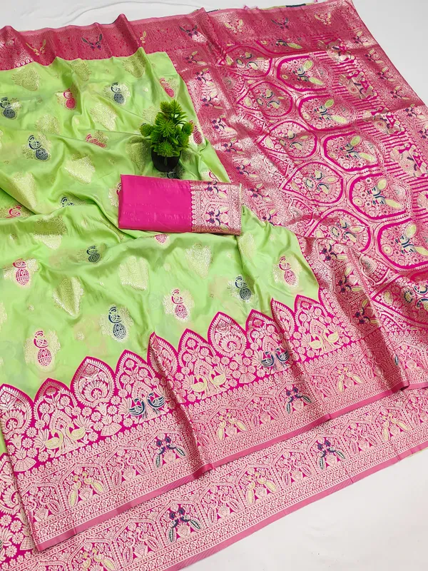 Pista_And_Rani_Banarasi_Silk_Saree_And_Unstitched_Blouse_For_Women