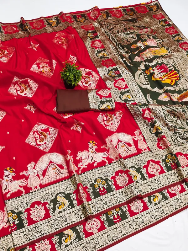 Red_And_Maroon_Banarasi_Silk_Saree_And_Unstitched_Blouse_For_Women