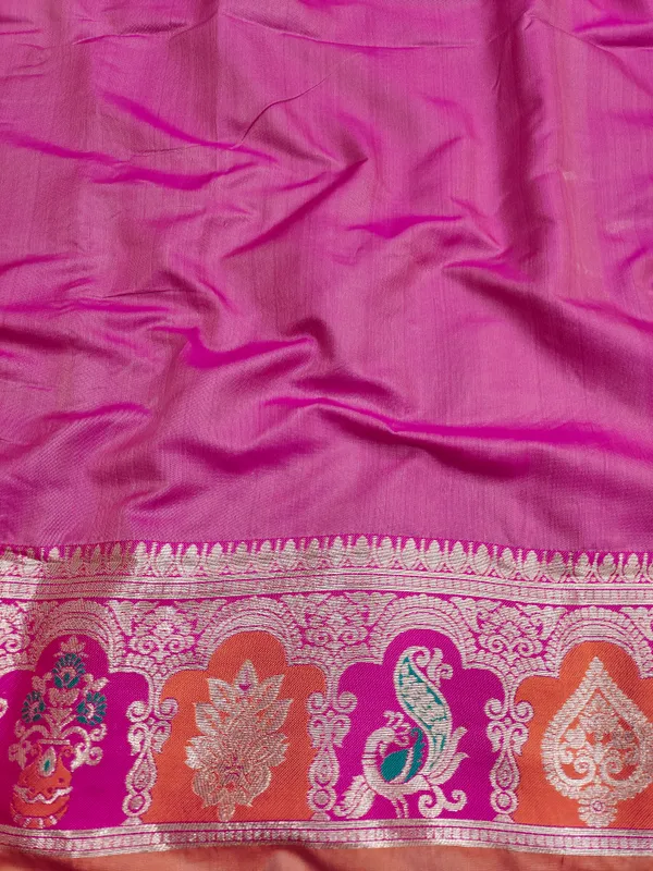 Orange_And_Rani_Banarasi_Silk_Saree_And_Unstitched_Blouse_For_Women