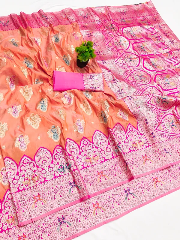 Orange_And_Pink_Banarasi_Silk_Saree_And_Unstitched_Blouse_For_Women