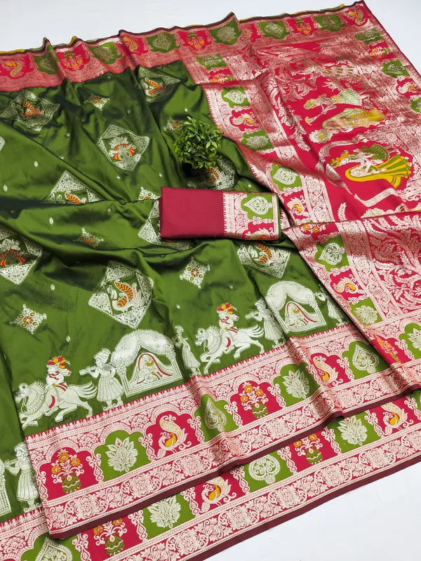 Mehendi_And_Red_Banarasi_Silk_Saree_And_Unstitched_Blouse_For_Women