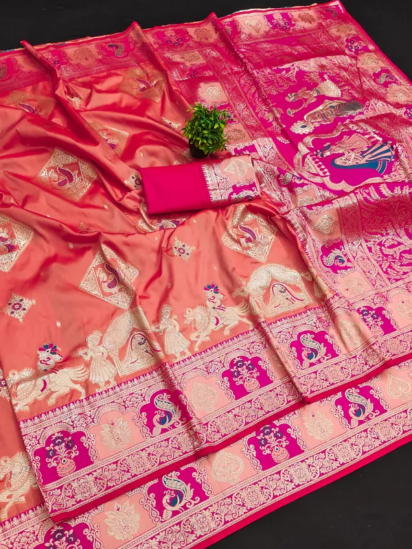 Peach_And_Rani_Banarasi_Silk_Saree_And_Unstitched_Blouse_For_Women