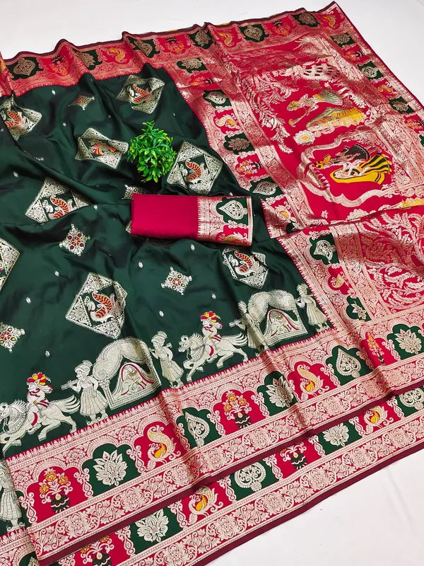 Green_And_Red_Banarasi_Silk_Saree_And_Unstitched_Blouse_For_Women