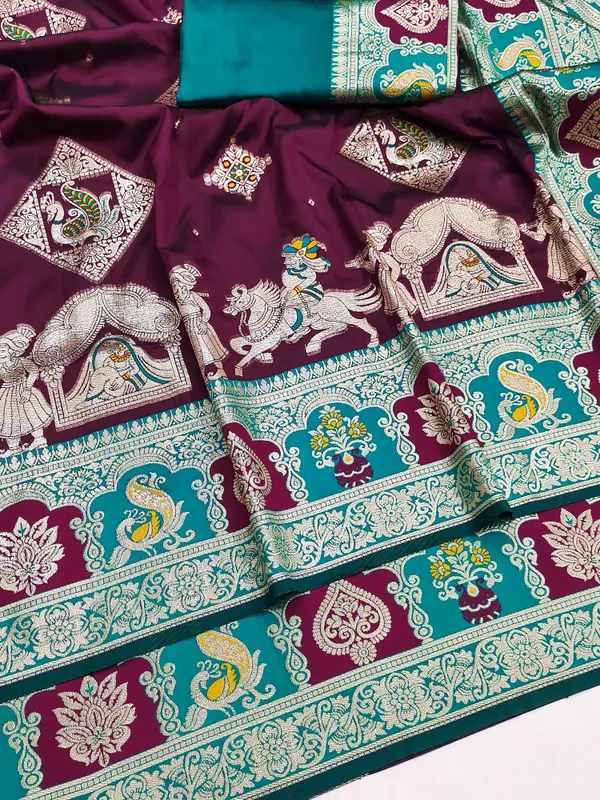 Magenta_And_Rama_Banarasi_Silk_Saree_And_Unstitched_Blouse_For_Women