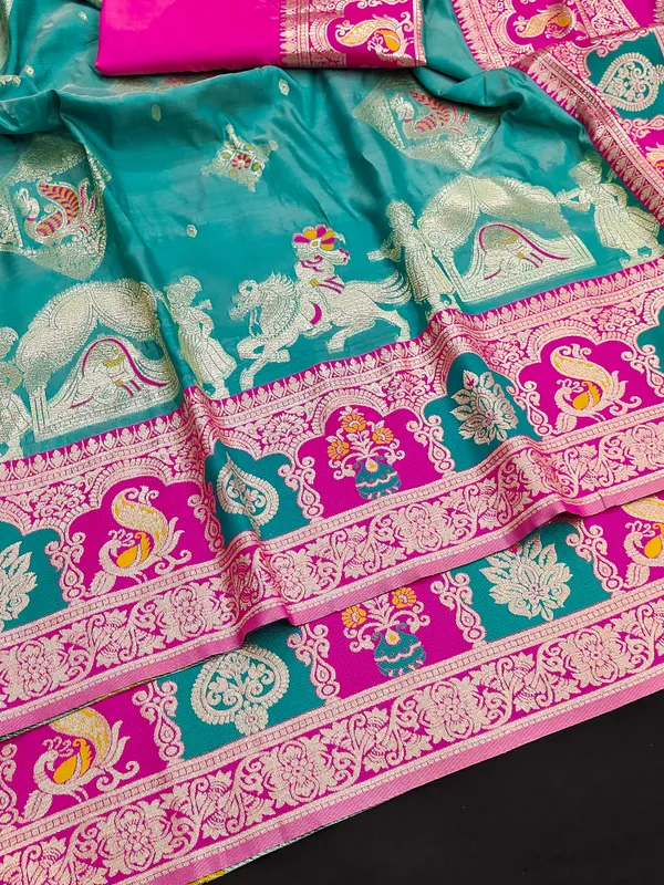 Rama_And_Pink_Banarasi_Silk_Saree_And_Unstitched_Blouse_For_Women