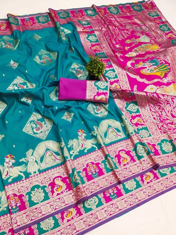 Rama_And_Pink_Banarasi_Silk_Saree_And_Unstitched_Blouse_For_Women