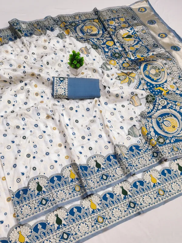 White_And_Blue_Banarasi_Silk_Saree_And_Unstitched_Blouse_For_Women