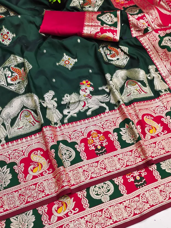 Green_And_Red_Banarasi_Silk_Saree_And_Unstitched_Blouse_For_Women