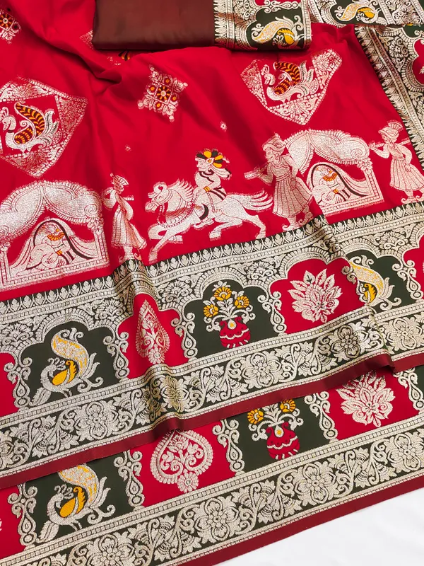 Red_And_Maroon_Banarasi_Silk_Saree_And_Unstitched_Blouse_For_Women