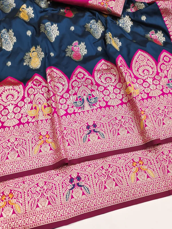 Petrol_And_Rani_Banarasi_Silk_Saree_And_Unstitched_Blouse_For_Women