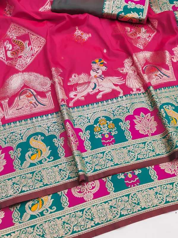Rani_And_Green_Banarasi_Silk_Saree_And_Unstitched_Blouse_For_Women