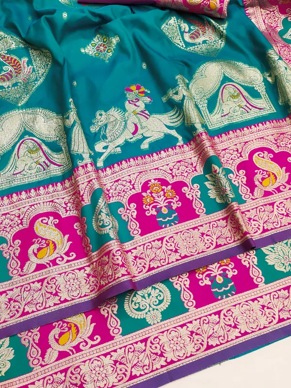 Rama_And_Pink_Banarasi_Silk_Saree_And_Unstitched_Blouse_For_Women