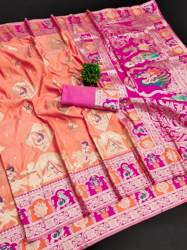 Orange_And_Rani_Banarasi_Silk_Saree_And_Unstitched_Blouse_For_Women