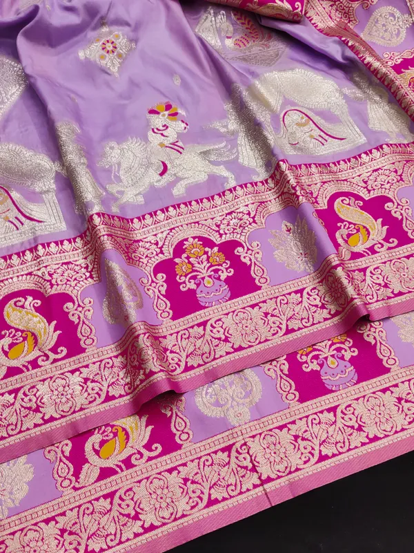 Lavender_And_Pink_Banarasi_Silk_Saree_And_Unstitched_Blouse_For_Women