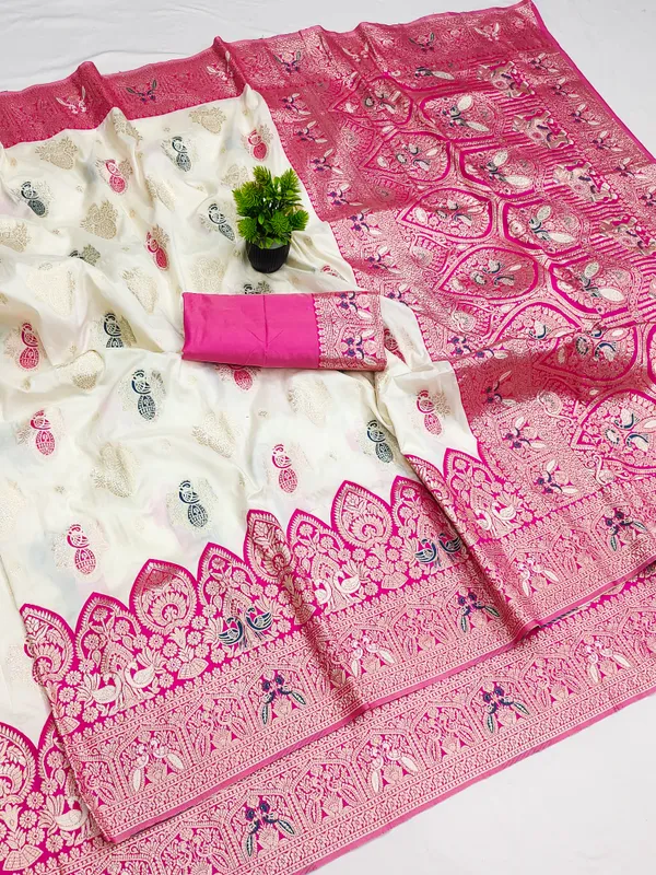 Cream_And_Pink_Banarasi_Silk_Saree_And_Unstitched_Blouse_For_Women