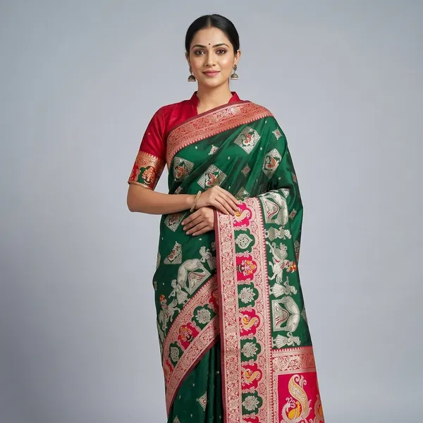 Green_And_Red_Banarasi_Silk_Saree_And_Unstitched_Blouse_For_Women
