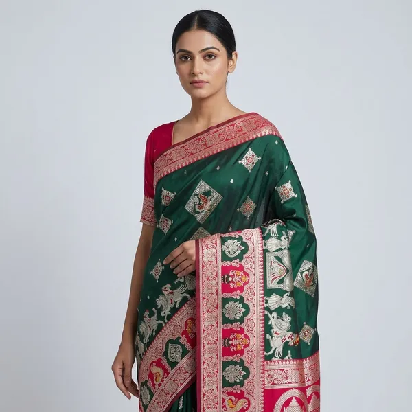 Green_And_Red_Banarasi_Silk_Saree_And_Unstitched_Blouse_For_Women