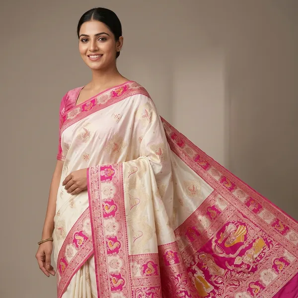 Cream_And_Pink_Banarasi_Silk_Saree_And_Unstitched_Blouse_For_Women