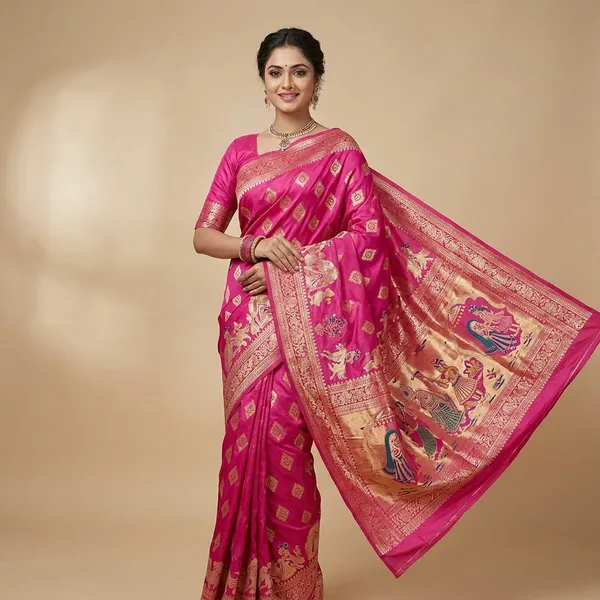 Deep_Pink_And_Pink_Banarasi_Silk_Saree_And_Unstitched_Blouse_For_Women