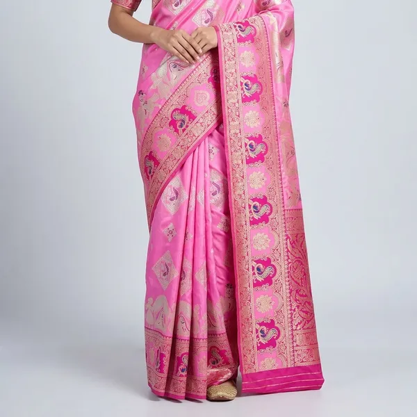 Deep_Pink_And_Pink_Banarasi_Silk_Saree_And_Unstitched_Blouse_For_Women