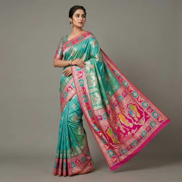 Firozi_Gold_And_Rani_Banarasi_Silk_Saree_And_Unstitched_Blouse_For_Women