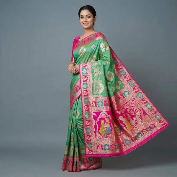 Firozi_Gold_And_Rani_Banarasi_Silk_Saree_And_Unstitched_Blouse_For_Women