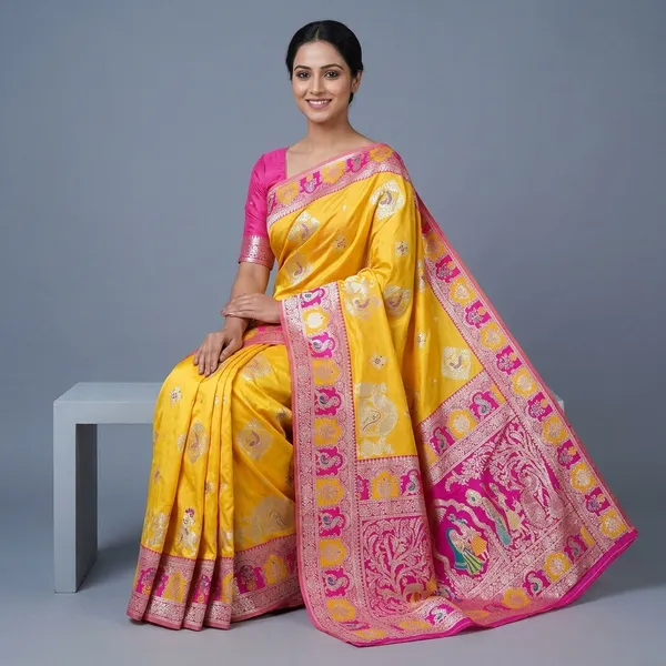 Gold_And_Rani_Banarasi_Silk_Saree_And_Unstitched_Blouse_For_Women
