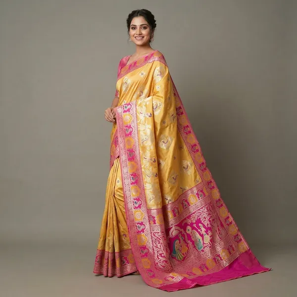 Gold_And_Rani_Banarasi_Silk_Saree_And_Unstitched_Blouse_For_Women