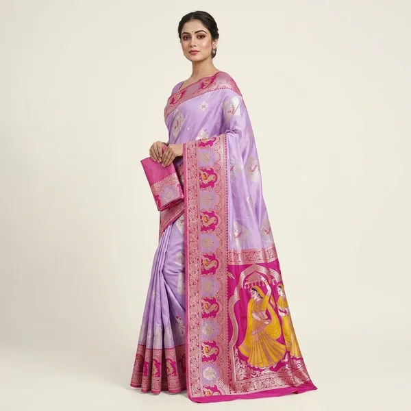 Lavender_And_Pink_Banarasi_Silk_Saree_And_Unstitched_Blouse_For_Women