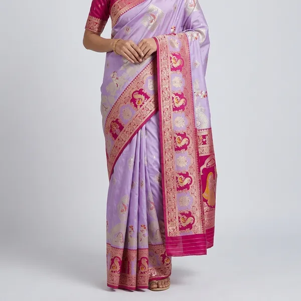 Lavender_And_Pink_Banarasi_Silk_Saree_And_Unstitched_Blouse_For_Women