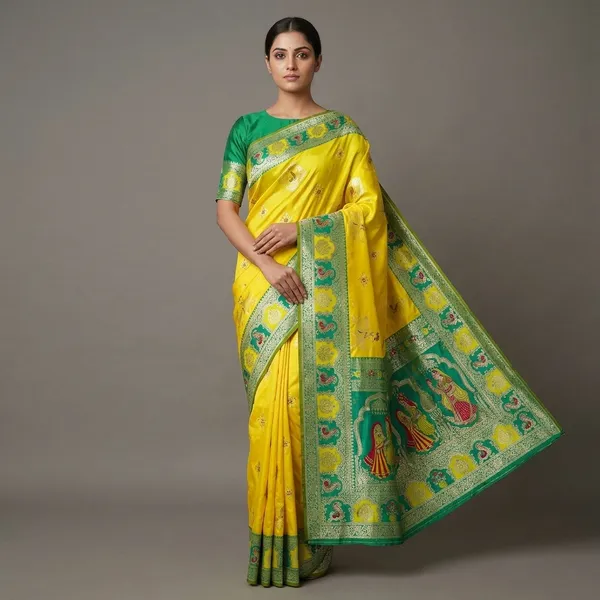 Yellow_And_Green_Banarasi_Silk_Saree_And_Unstitched_Blouse_For_Women