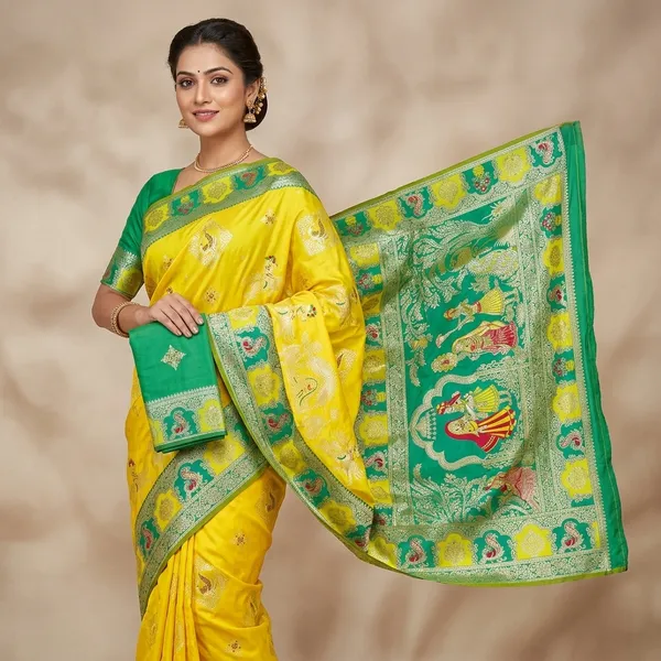Yellow_And_Green_Banarasi_Silk_Saree_And_Unstitched_Blouse_For_Women