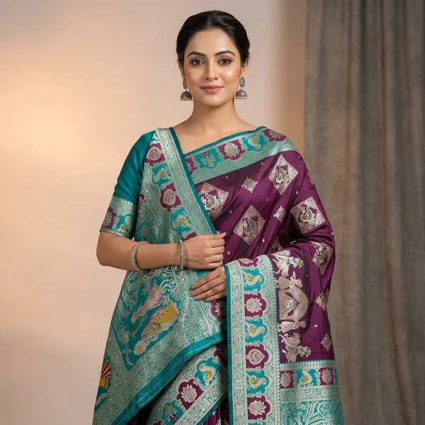 Magenta_And_Rama_Banarasi_Silk_Saree_And_Unstitched_Blouse_For_Women