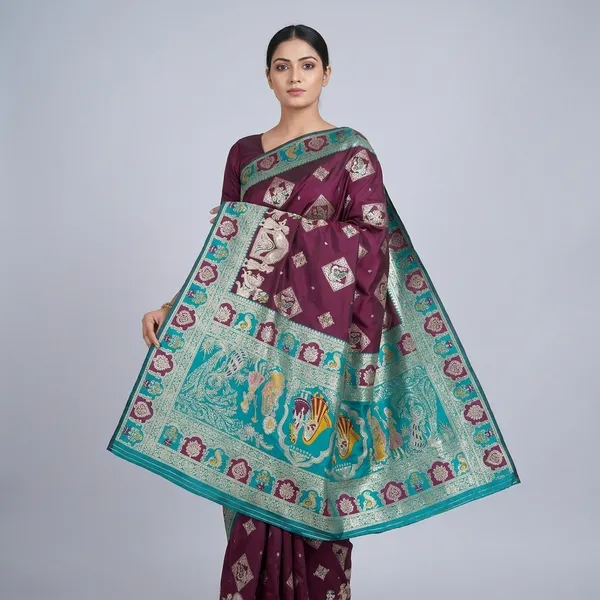 Magenta_And_Rama_Banarasi_Silk_Saree_And_Unstitched_Blouse_For_Women