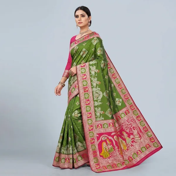 Mehendi_And_Red_Banarasi_Silk_Saree_And_Unstitched_Blouse_For_Women