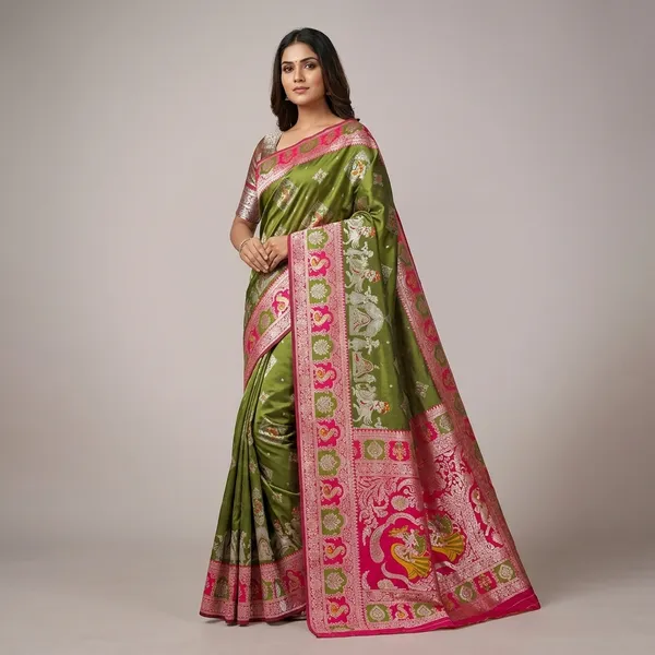 Mehendi_And_Red_Banarasi_Silk_Saree_And_Unstitched_Blouse_For_Women