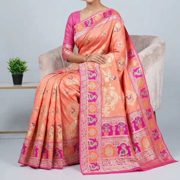 Orange_And_Rani_Banarasi_Silk_Saree_And_Unstitched_Blouse_For_Women