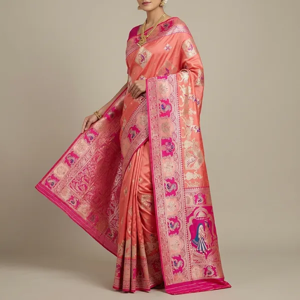 Peach_And_Rani_Banarasi_Silk_Saree_And_Unstitched_Blouse_For_Women
