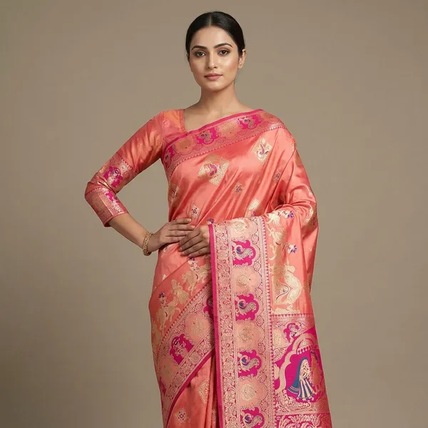 Peach_And_Rani_Banarasi_Silk_Saree_And_Unstitched_Blouse_For_Women