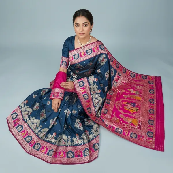 Petrol_And_Rani_Banarasi_Silk_Saree_And_Unstitched_Blouse_For_Women
