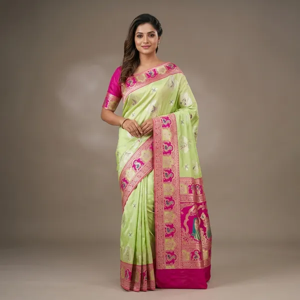 Pista_And_Rani_Banarasi_Silk_Saree_And_Unstitched_Blouse_For_Women